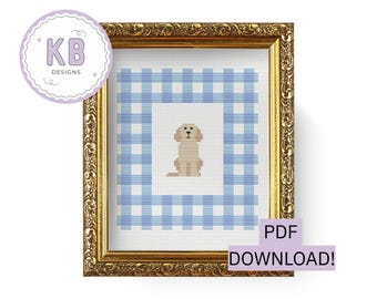 Light Golden Dog Cross Stitch Pattern – PDF Download | Blue Gingham Plaid Border | Retriever Doodle Lab | Pet Embroidery | Digital Download