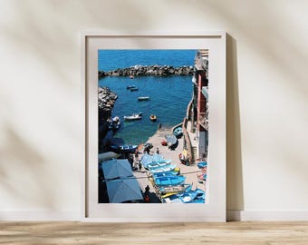 Cinque Terre, Italy, Riomaggiore Harbor, Digital Download, Photo Print, Mediterranean Sea, Boats, Blue Water, Ocean