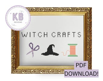 Witch Crafts Cross Stitch Pattern PDF – Halloween Pun Needlework – Funny Witch Embroidery Design – Instant Download – Cute Spooky Decor