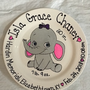 Birth Hand Painted Plate - Personalized Plate for kids - Elephant Plate - Celebration Plate - Gift Plate - Newborn Plate - Baby Gift