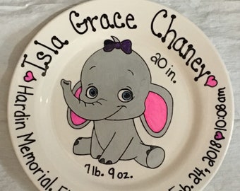 Birth Hand Painted Plate - Personalized Plate for kids - Elephant Plate - Celebration Plate - Gift Plate - Newborn Plate - Baby Gift