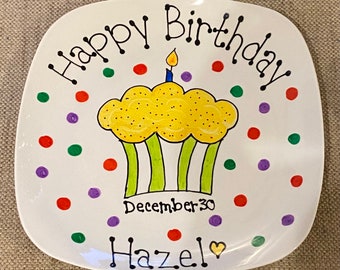 Happy Birthday Plate, Personalized Plate, Hand Painted Ceramic Plate, Serving Plate, Gift Plate, Birthday Gift