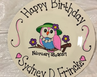 Happy Birthday Plate - Personalized Plate for Girls - Hand Painted Ceramic Plate - Birthday Plate with Owl - Gift Plate, Birthday Gift