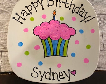 Happy Birthday Personalized Hand Painted Plate - celebration plate - first birthday plate - birthday cake plate