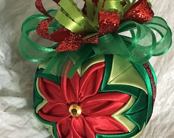 Quilted Star Christmas Ornament - Handmade Ornament - Poinsettia Ornament - Hostess Gift, Teacher Gift, Christmas Gift, Vintage Christmas