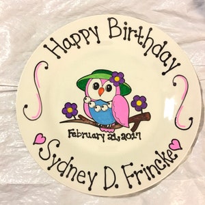 Happy Birthday Plate - Personalized Plate for Girls - Hand Painted Ceramic Plate - Birthday Plate with Owl - Gift Plate, Birthday Gift