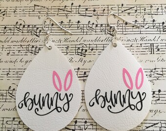 Easter Faux Leather Earrings - Bunny Earrings - Easter Bunny Earrings - Christian Earrings - Teardrop Earrings - Drop Earrings - Religious