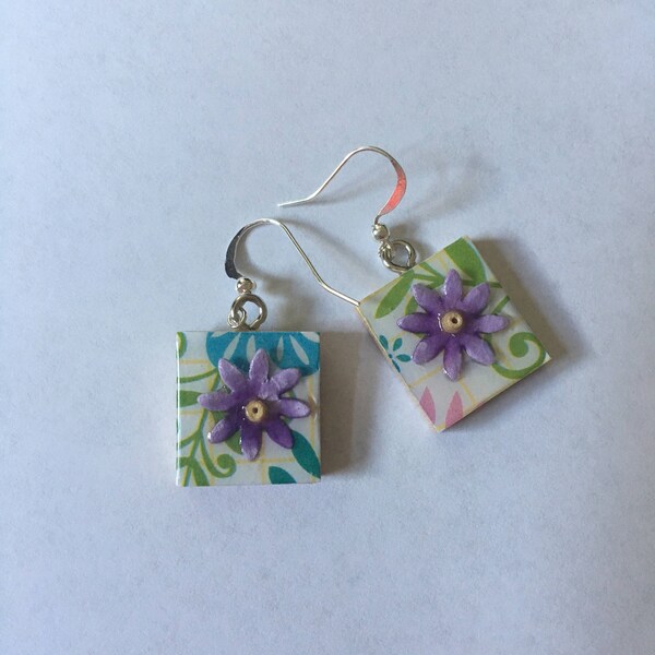 Scrabble Tile Earrings - Purple Floral Earrings - Scrabble Jewelry - Teacher Gift, Mothers Day, Birthday Gift