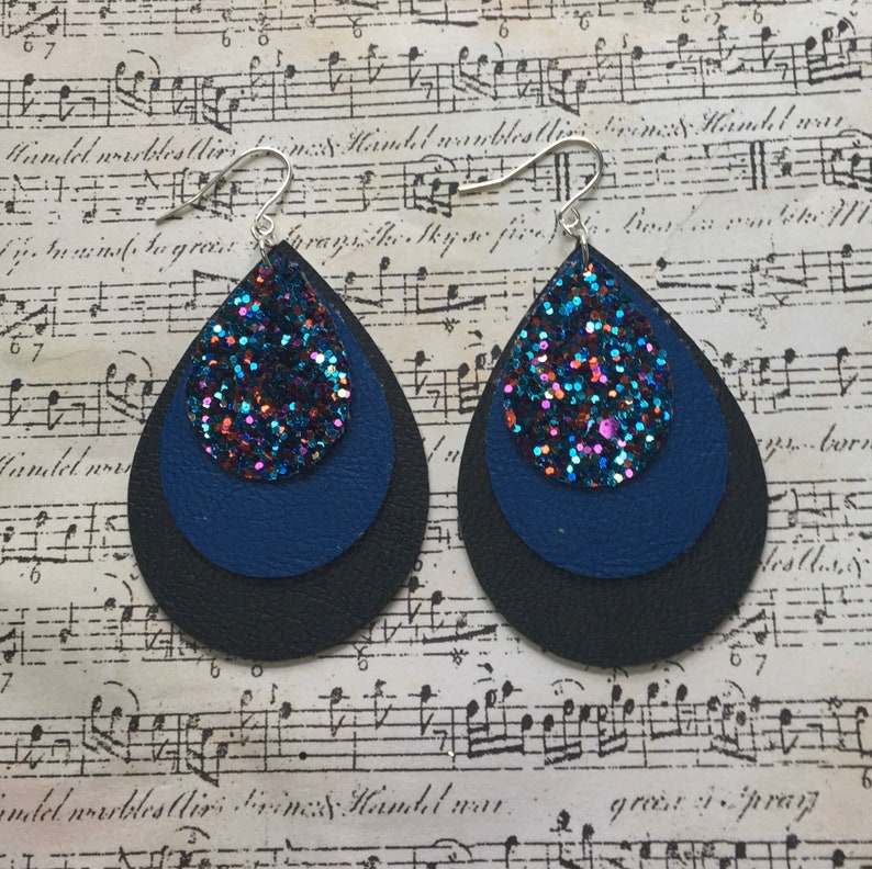 Triple Glitter Faux Leather Earrings Black and Blue Earrings Etsy