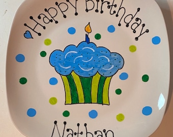 Happy Birthday Plate - Personalized Plate - Hand Painted Plate - Ceramic Plate - Serving Plate - Gift Plate - Birthday Gift