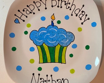 Happy Birthday Plate - Personalized Plate - Hand Painted Plate - Ceramic Plate - Serving Plate - Gift Plate - Birthday Gift