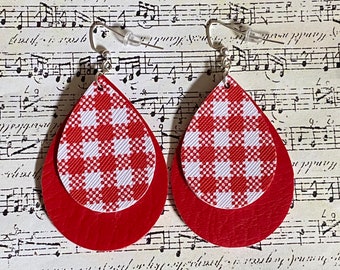 Red Plaid Faux Leather Earrings - Boho Earrings - Faux Leather Earrings - Teardrop Earrings - Drop Earrings
