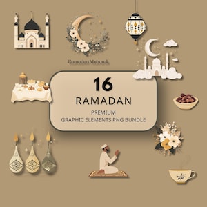 May include: A set of 16 Ramadan-themed digital illustrations, including a mosque, crescent moon, lanterns, candles, dates, and a person praying. The illustrations are in a beige and gold color scheme and are perfect for creating invitations, cards, or social media graphics.
