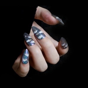 Starry Night Custom Press On Nails | Cloud, Star and 3D Nails | Short Almond Nail | Handmade Nails, Reusable nails, Fake Nails,Gel Nails