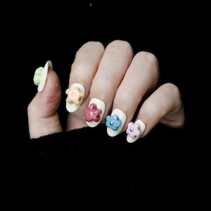 Pastel 3D Floral Custom Press-on Nails, Cute and Playful  Handmade Nails, Short Oval Reusable Nails,  Fake Nails