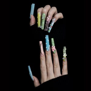Enchanted Garden Custom Press-on Nails, Floral and Crystal Embellishments Handmade Nails, Extra Long Square Reusable Nails,  Fake Nails