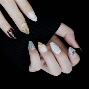 Cosmic Chic Custom Press On Nails| Star Nails | Abstract 3D Nails | Extra Short Almond｜Handmade Nails, Reusable nails, Fake Nails,Gel Nails