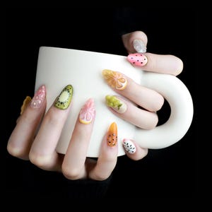 Fruity Fantasy Press On Nails | 3D Fruit nails |  Short Almond Nail | Handmade Nails, Reusable nails, Fake Nails,Gel Nails