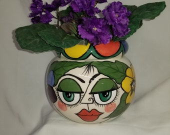 Two Piece Round African Violet Planter, Picasso Style Face and Pansy Motif Ceramic Flower Pot on Etsy