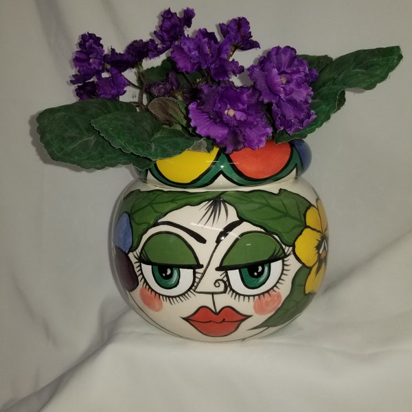 Two Piece Round African Violet Planter, Picasso Style Face and Pansy Motif Ceramic Flower Pot on Etsy