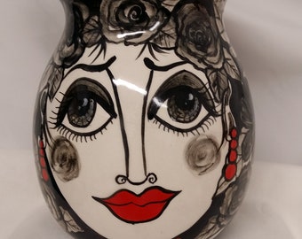 African Violet Planter, Two Piece, Self Watering, Impressionistic Lady's Face, Black, White & Red Floral Motif, Cylinder shape, on Etsy