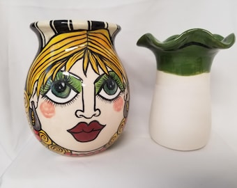 Hand Painted African Violet Planter: Impressionistic Lady & Coral Roses