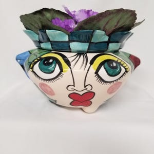 Hand-Painted Impressionistic Face Ceramic Planter, Pansy Motif Self-Watering African Violet Pot