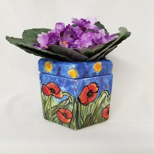 Mini Two Piece Ceramic African Violet Pot Self Watering Assorted Poppy Motif Planter