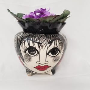Hand-painted African Violet Planter, Pixie Face Floral Design, Self-Watering Ceramic Pot