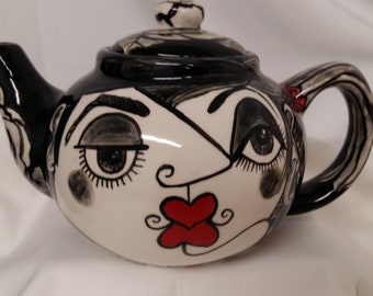 Ceramic Teapot Black & White with Red accents Picasso Style Lovers Faces Red Flowers, Black background on Etsy