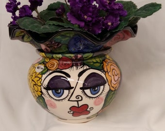 African Violet Planter/ Flower Pot Picasso Style Woman's Face Rainbow of Flowers Hand, Gray Background painted 2 Piece Self Watering on Etsy