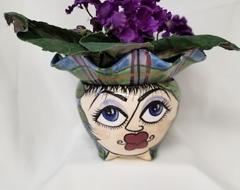 African Violet Planter, Flower Pot, 2 Piece Self Watering Impressionistic Girl's Face with Blue and Purple Floral Motif Hand painted on Etsy
