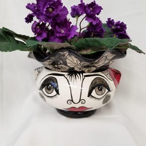 Planter, Ceramic, African Violet Pot/Planter, Whimsical Impressionistic Black, Red & White Floral  and Face Motif, Two Piece Pot on Etsy
