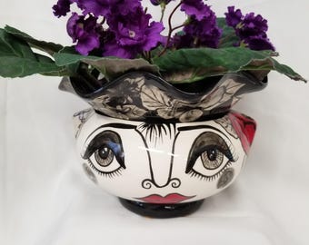 Planter, Ceramic, African Violet Pot/Planter, Whimsical Impressionistic Black, Red & White Floral  and Face Motif, Two Piece Pot on Etsy