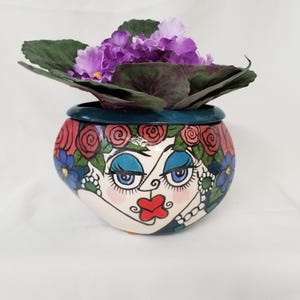 Hand-Painted, Picasso Style Lady's Face Ceramic Planter: Impressionistic Flowers, Self-Watering African Violet Pot