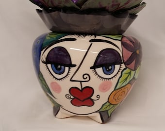 African Violet Planter Picasso style Face Impressionistic Multi hued Flowers Hand painted 2 Piece Flower Pot Small Pottery Planter on Etsy