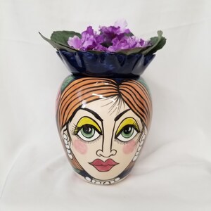 African Violet Planter, Two Piece Self Watering, Contemporary Face, Petite Pottery Flower Pot, Pink and Red Impressionistic Flowers