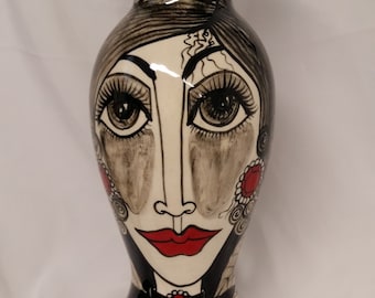 Ceramic Vase Tall Slim Whimsical Woman's Face Hand painted Black & White with Bright Red accents Original Face and Floral Design on Etsy