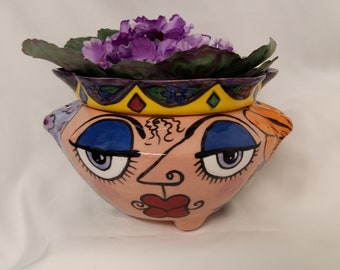 Ceramic African Violet Planter, Impressionistic Picasso Style Face & Flowers, Two Piece, Self Watering  Flower Pot, Pottery Planter on Etsy