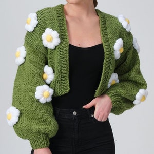 Modello di maglia per cardigan con margherite, modello di maglia per donne, modello di maglia per cardigan corto