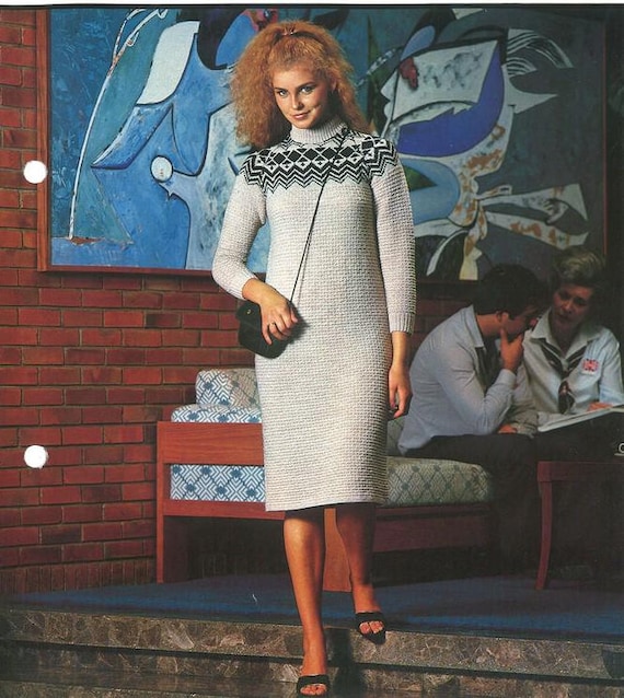 80s Knit Tunic Dress Pattern, Vintage Fair Isle Style (PDF Pattern)
