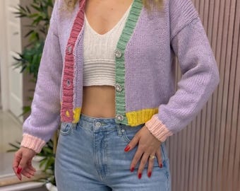 Cardigan Knitting Pattern, Vistoso Colorful Jacket, Easy Crop Cardigan Knitting Tutorial, Sizes S-3XL