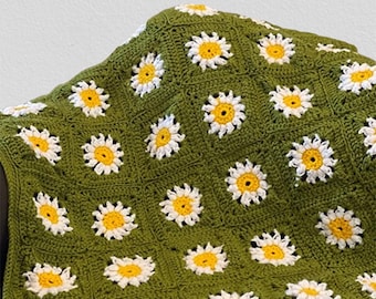 Crochet Blanket Pattern, Daisy Flower Granny Square Design Baby Blanket