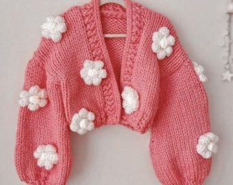 Daisy Flower Cardigan Knitting Pattern, Knitting Floral Pattern, Floral Crop Cardigan