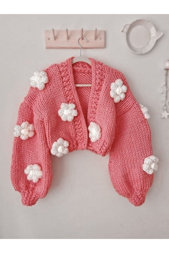 【完売品】Jieda FLOWER HAND KNITTING CARDIGAN Yellow Flowers Daisy Cardigan, Cardigan Women, Gift for