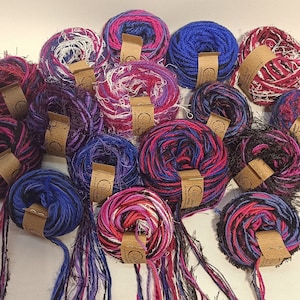 Reclaimed yarn cake, Upcycled fiber box, Multistrand colorful yarn, Boundle of assorted pink and violet yarn set, Gift for crocheters