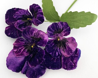 Czech Velvet Millinery Flowers Spray of Large Dark Purple Pansies NFC047-DKP