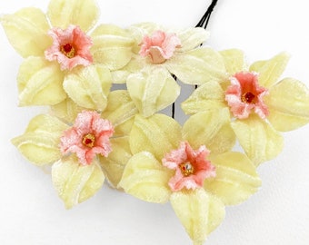 Czech Millinery Velvet Daffodils 5 Narcissus ~ Light Yellow + Pink NFC041-V-YPK