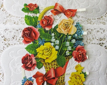 England Vintage Rose Basket Bouquet Scraps Die Cut Paper Out Of Print 1660