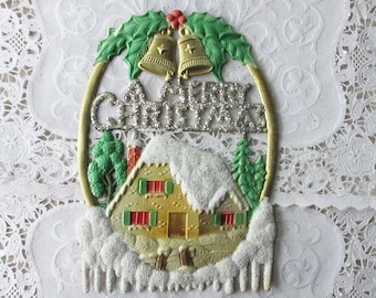 Vintage West Germany Christmas Deeply Embossed Cardboard Pressed Paper Little House Bells 1980s Old Store Stock